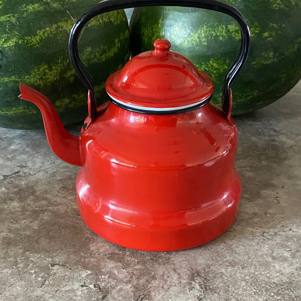 Red Enamel Tea Kettle, Vintage
